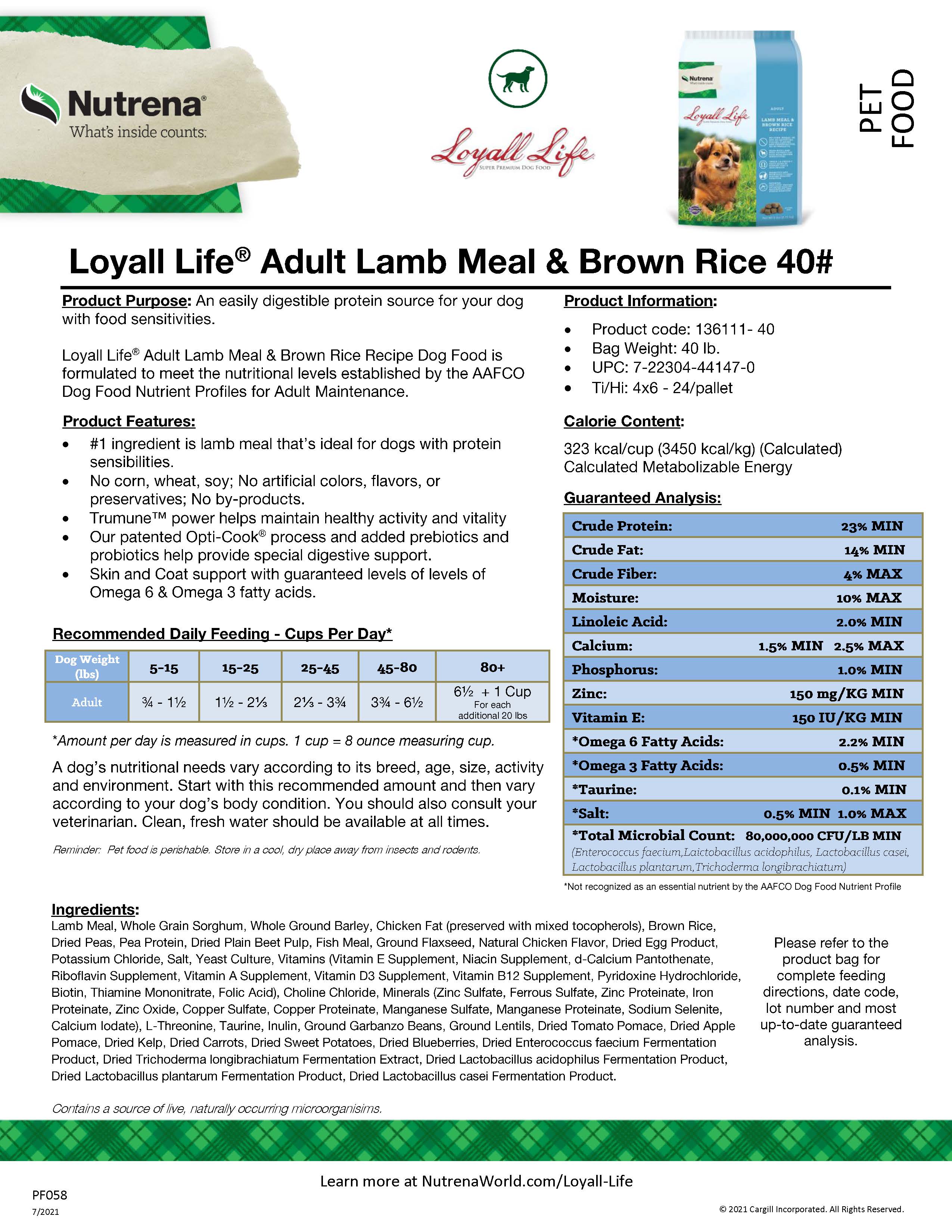 LOYALL LIFE LAMB MEAL & RICE 40#